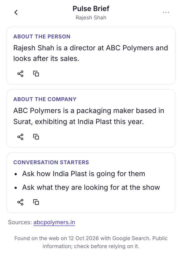 A Pulse Brief: what the company does, the person's role, sources and conversation starters