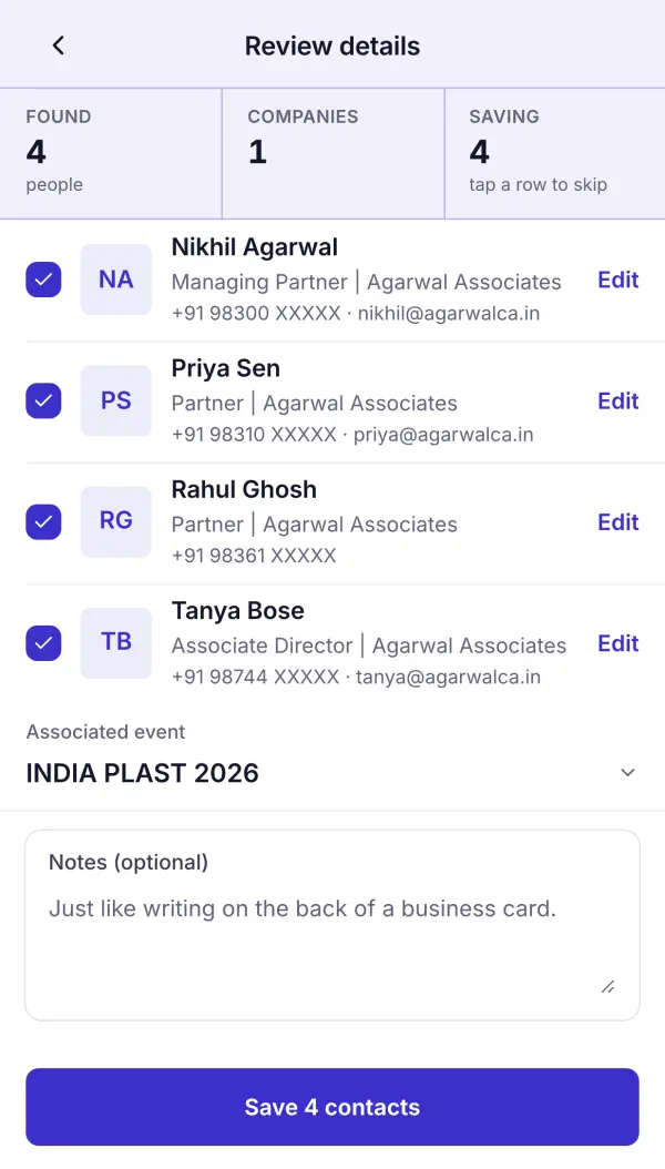 Pulse's review step after one photo: four partners of Agarwal Associates found on one card, each ready to save